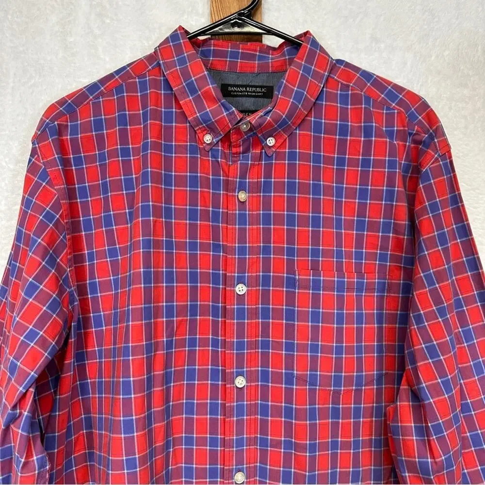 Banana Republic Camden Fit Red &‎ Purple Plaid Print Long Sleeve Button Down XL
